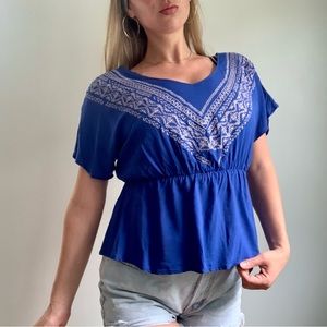 Beautiful blue peasant top with white embroidery